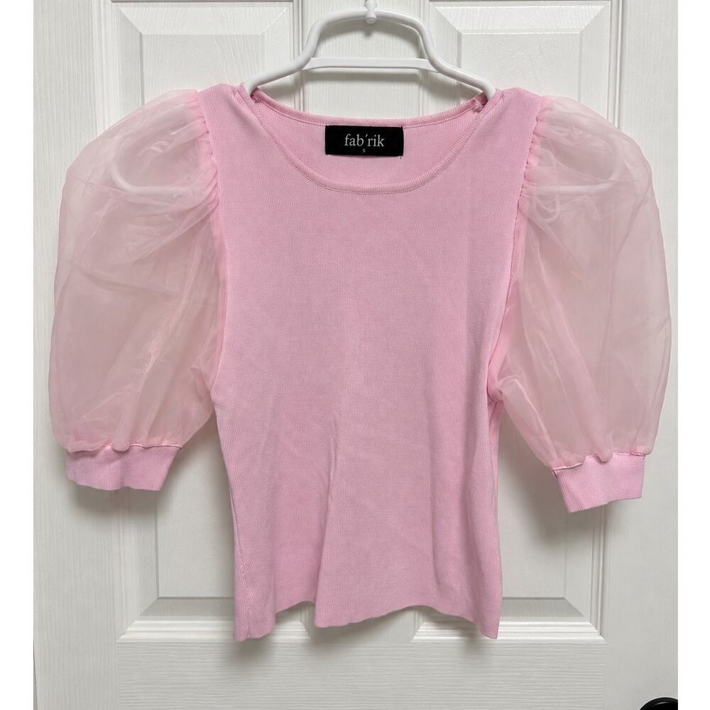 Fab’rik Pink Sheer Organza Puff Sleeve Knit Top Size Small